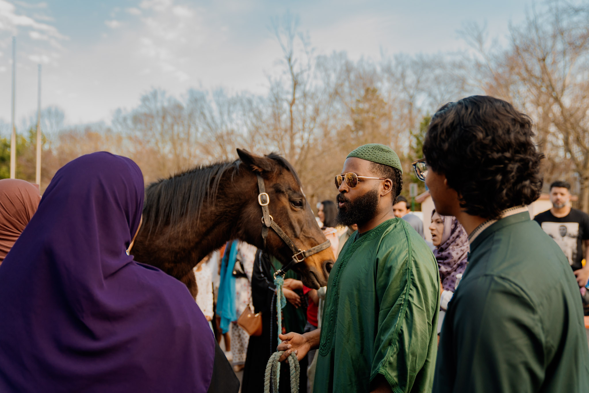 A horse and festival-goers face to face at the Eid al-Fitr festival